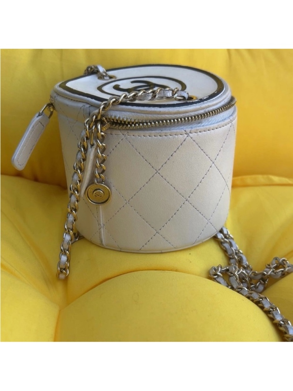 CHANEL Cream Quilted Round Vanity Crossbody with Gold Chain